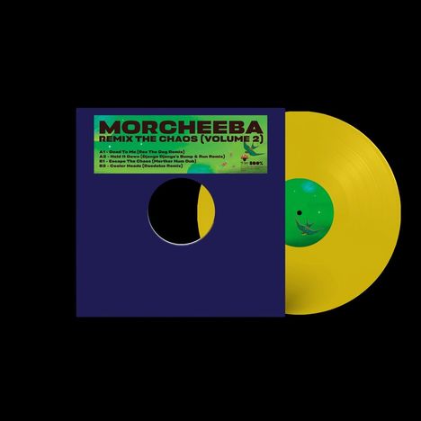 "MORCHEEBA REMIX THE CHAOS (VOLUME 2)" - Gelbe Schallplatte in blauer Hülle mit Ausschnitt und buntem Etikett.