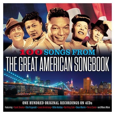 „100 Songs from the Great American Songbook“ mit prominenten Personen vor einer Stadtlandschaft und einer Brücke.