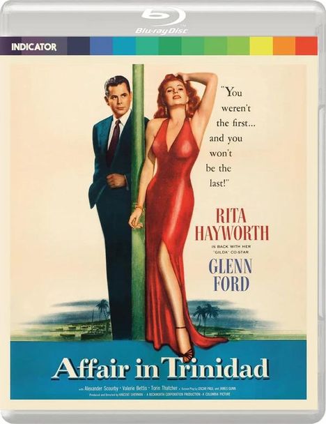 "Affair in Trinidad." Oben rechts ein Zitat: „You weren't the first... and you won't be the last!“ Frau in rotem Kleid steht neben Mann.