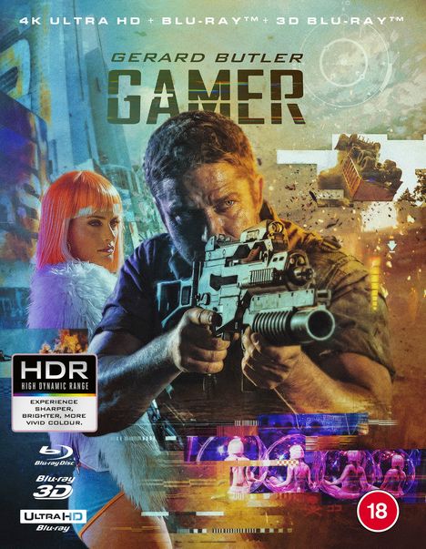 Texte: "GERARD BUTLER", "GAMER", "HDR", "Blu-ray", "3D", "ULTRA HD". Mann mit Waffe, Frau mit orangen Haaren, futuristisches Szenario.