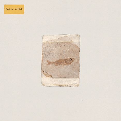 Text „FRIEND WORD“ auf gelbem Hintergrund; ein Fossil eines Fisches auf beigem Papier.