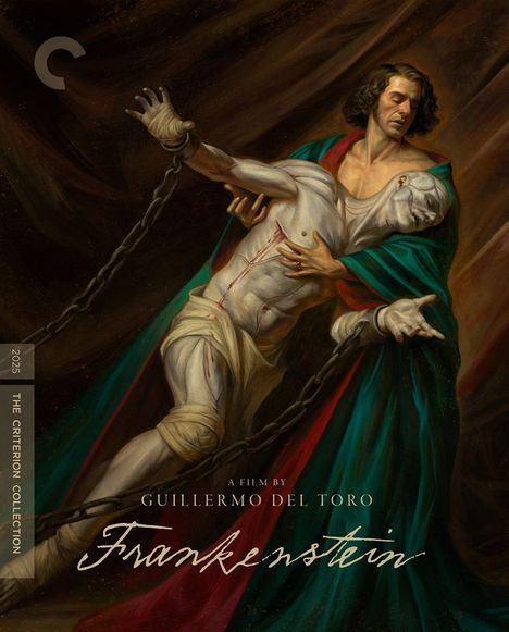2025, The Criterion Collection, Guillermo del Toro, Frankenstein. Illustration eines Mannes, der eine Kreatur hält.