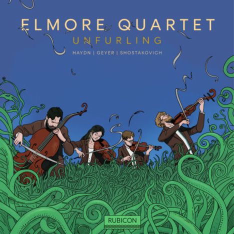 Text: "Elmore Quartet UnfURLing Haydn | Geyer | Shostakovich". Illustration von Musikern in grünem Pflanzenmeer.