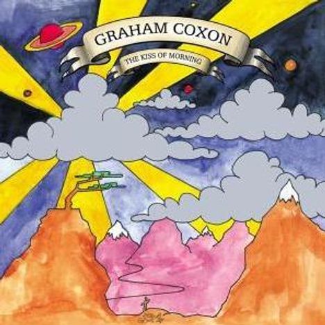 „Graham Coxon, The Kiss of Morning“ oberhalb. Farbige Landschaft mit Bergen und großem Planeten am Himmel.