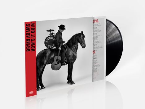 Texte: "BRYAN ADAMS HOW'S IT GOIN'", "HOW'S IT GOIN'". Cover: Person mit Hut auf Pferd, hält Gitarre, schwarze Schallplatte.