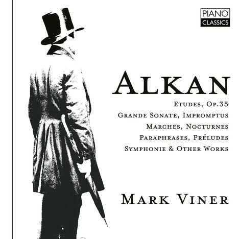 Texte: "Alkan", "Mark Viner". Illustration eines Mannes im Mantel von hinten, mit Zylinder. CD-Box mit mehreren CDs.