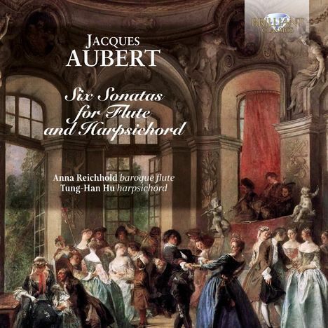 Text: Jacques Aubert, Six Sonatas for Flute and Harpsichord; Anna Reichhold baroque flute, Tung-Han Hu harpsichord. Illustration: Ein barocker Ballsaal mit tanzenden Menschen.
