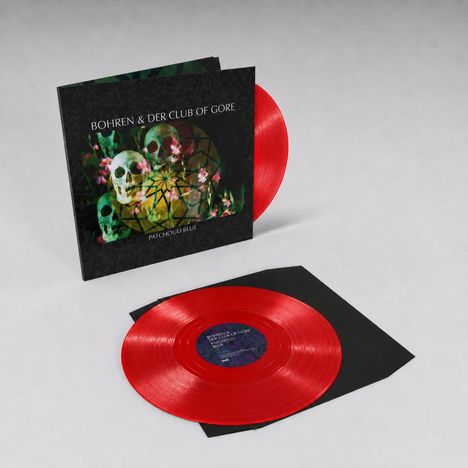 Text: "Bohren & Der Club of Gore", "Patchouli Blue". Rote Schallplatten vor schwarzem Cover mit Schädel- und Blumenmotiv.