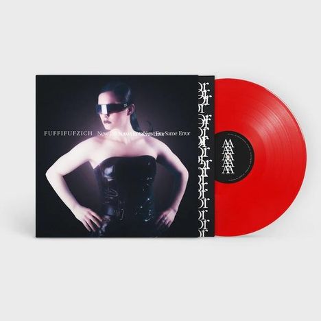 Text "FUFFIFUFZICH", Frau in schwarzem Outfit, rote Vinyl-Schallplatte.