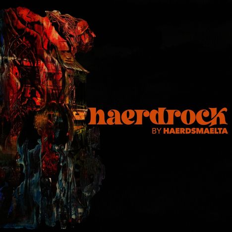Text: "haerdrock BY HAERDSMAELTA." Eine abstrakte, bunte Darstellung einer Gestalt vor schwarzem Hintergrund.
