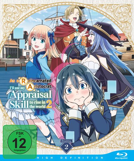 "As a Reincarnated Aristocrat, I’ll use my Appraisal Skill to rise in the world 2, Staffel 2." Vier Anime-Charaktere in bunten Kleidern.