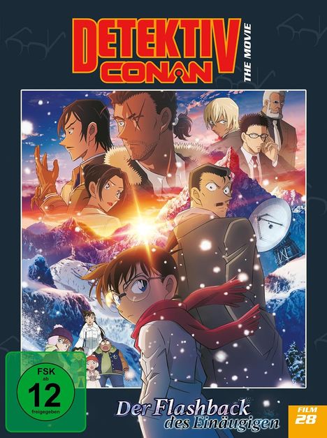 "Detektiv Conan", "Der Flashback des Einäugigen", FSK 12. Eine Illustration mit Anime-Figuren vor verschneiten Bergen.