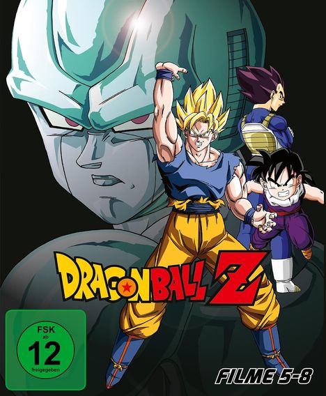 „Dragon Ball Z Filme 5-8“. Illustration mit kämpfenden Figuren, FSK 12 Logo.