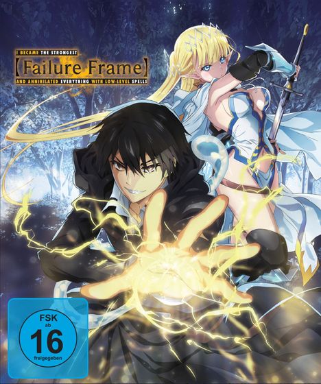 „Failure Frame“ – Anime-Illustration: Mann mit leuchtenden Händen, blonde Kriegerin mit Schwert. FSK 16.