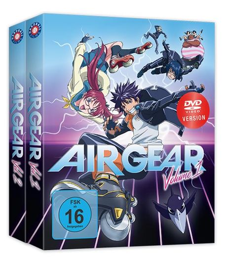 "Air Gear Volume 1" und "Volume 2". FSK 16. Illustration von Figuren auf Rollschuhen in dynamischer Pose.