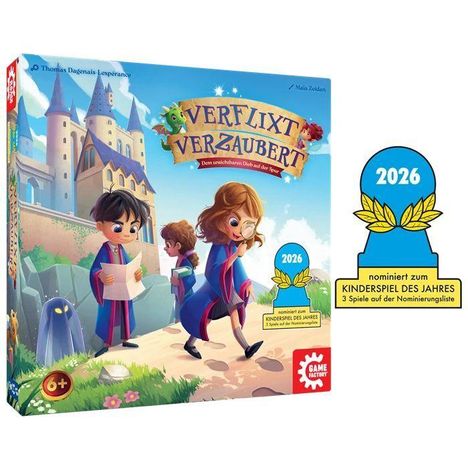 „Verflixt und verzaubert“, „Dem unsichtbaren Dieb auf der Spur“, „nominiert zum Kinderspiel des Jahres 2026“. Drei Kinder im magischen Setting.