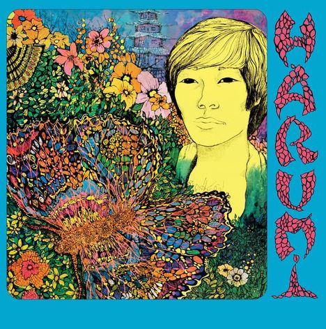 Text "HARUMI" in einem verspielten, bunten Schriftstil. Bunte Blumen und ein Gesicht inmitten eines lebhaften, psychedelischen Designs.