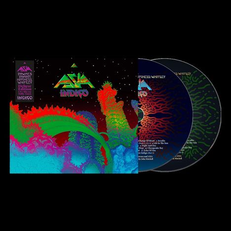 Texte: ASIA, INDIGO. Illustration mit bunten, psychedelischen Pflanzen auf schwarzem Hintergrund. Zwei CDs sichtbar.