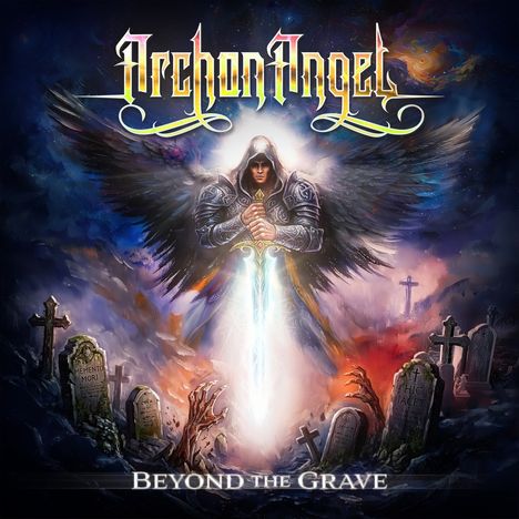 "Archon Angel" in gotischer Schrift oben. "Beyond the Grave" unten. Ein Engel mit Schwert steht auf einem Friedhof.