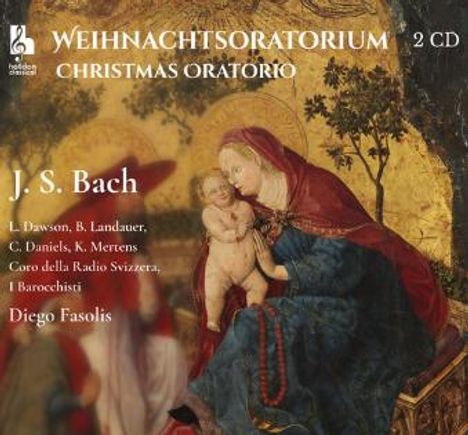 "Weihnachtsoratorium" und "Christmas Oratorio" stehen oben. J.S. Bach und andere Künstlernamen sind darunter. Illustration: Maria mit Kind.