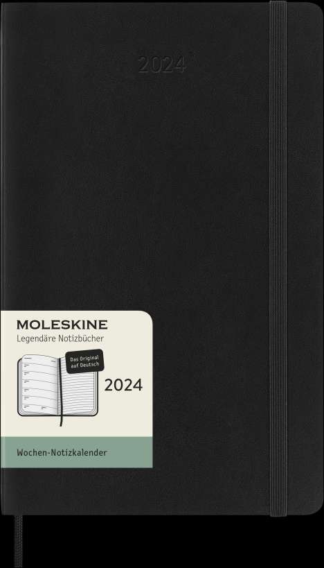 Moleskine 12 Monate Wochen Notizkalender Deutsch 2024, L/A5, 1 Wo = 1 Seite, Rechts Linierte Seite, Soft Cover, Schwarz, Buch