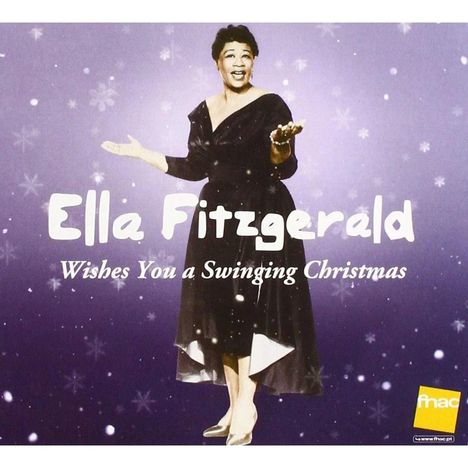 Text: "Ella Fitzgerald Wishes You a Swinging Christmas." Frau in elegantem Kleid auf lila Hintergrund mit Schneeflocken.