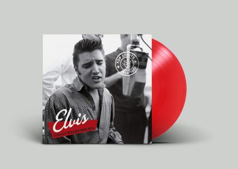 Text: "Elvis Classic BILLBOARD Hits." Schwarz-Weiß-Foto eines Sängers mit Mikrofon. Rote Vinyl-Schallplatte.