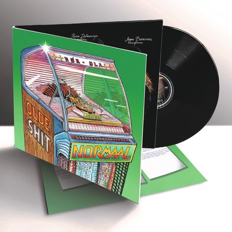 Titel: "OLDE SHIT" und "NORMAAL". Illustration einer bunten Jukebox, zeigt einen offenen Schallplattenumschlag mit Vinyl.