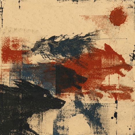 Kunstwerk mit abstrakten, überlappenden Wolfssilhouetten in Rot, Schwarz und Blau auf beigem Hintergrund.