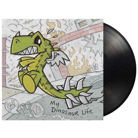 "My Dinosaur Life", Comic-Dinosaurier mit Flügeln, in Welt mit Chaos und Feuer, dynamisch und bunt.