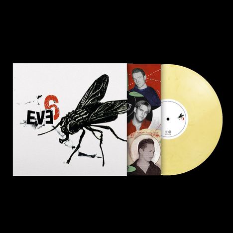 Text: "EVE 6". Illustration einer Fliege. Gelbe Vinyl-Schallplatte und Porträts von drei Personen.