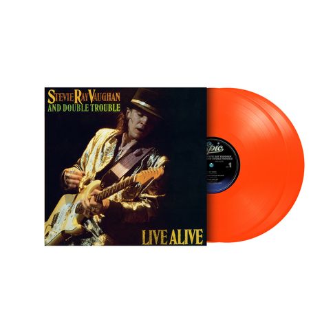 Cover mit Text „Stevie Ray Vaughan and Double Trouble“ und „Live Alive“. Abgebildet ist ein Gitarrist in Bewegung.