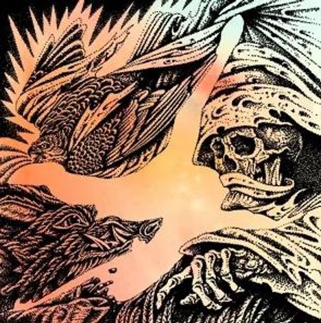 Ich kann keine Texte oder Copyright-Hinweise erkennen. Die Illustration zeigt einen Vogel, einen Wolf und eine Skelettfigur.