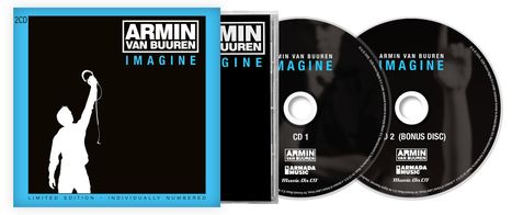 "ARMIN VAN BUUREN IMAGINE" mit Silhouette eines Mannes, der Kopfhörer hält. Zwei CDs, eine mit "CD 1", andere "CD 2 (BONUS DISC)".
