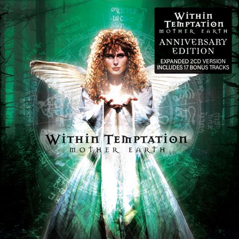 „Within Temptation Mother Earth Anniversary Edition“ steht in weißem Text. Engel mit leuchtenden Händen, mystische Atmosphäre.