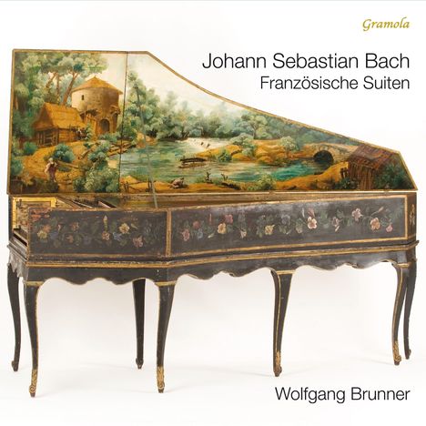 „Johann Sebastian Bach, Französische Suiten“, „Wolfgang Brunner“, „Gramola“. Ein kunstvoll bemaltes Cembalo.