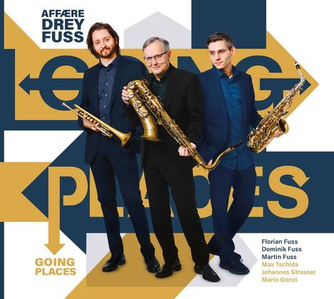 Der Text lautet: "AFFÆRE DREY FUSS," "GOING PLACES," Namen: Florian, Dominik, Martin Fuss, Max Tschida, Johannes Strasser, Mario Gonzi. Drei Männer mit Instrumenten.