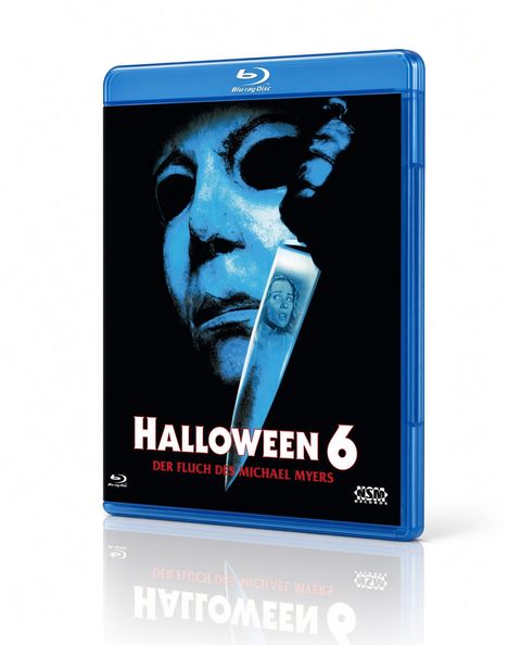 "Halloween 6: Der Fluch des Michael Myers" steht unter einem gruseligen Maskengesicht mit einem Messer.