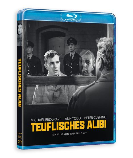 Blu-ray-Box: "TEUFLISCHES ALIBI", Film von Joseph Losey. Schwarz-Weiß-Bild: Mann in Haft, Polizist im Hintergrund.