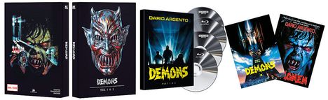 Buchset "Demons Teil 1 & 2", Bild von fratzenhaftem Dämon, Titel "DARIO ARGENTO". Blu-ray Discs mit blauer Hülle.