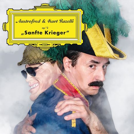 Text: Austrofred & Kurt Razelli op.:2 „Sanfte Krieger“. Zwei Männer in Paradeuniformen, einer mit grünen Federn am Hut.