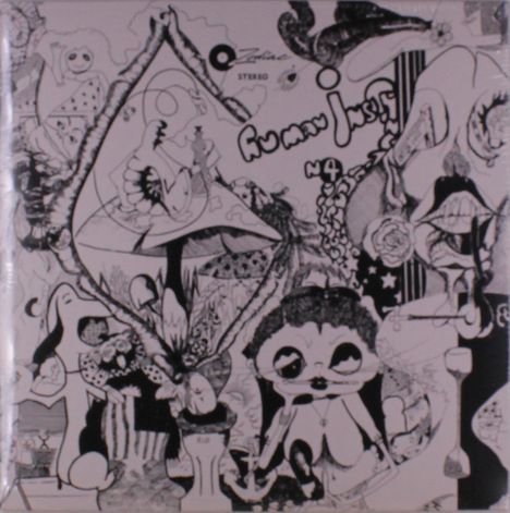 "Human Instinct", "Stereo". Schwarz-weiße Illustration mit abstrakten Formen und verspielten Zeichnungen.