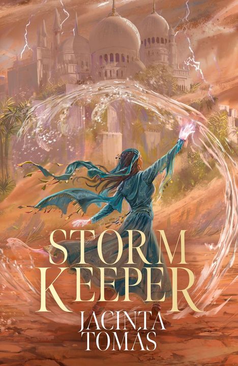 "STORM KEEPER" und "JACINTA TOMÁS" stehen prominent. Eine Figur in einem blauen Gewand kontrolliert Wasser vor einer majestätischen Kulisse.