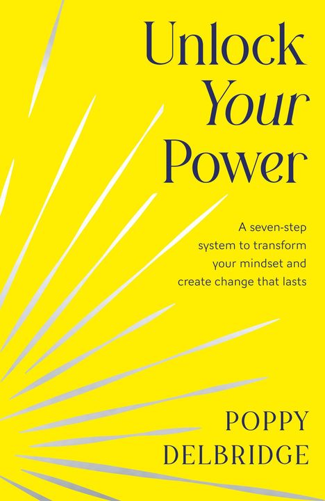 "Unlock Your Power" von Poppy Delbridge. Gelber Hintergrund mit silbernen Strahlen und Untertitel über Mindset-Veränderung.