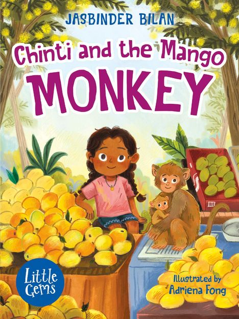 „Chinti and the Mango Monkey“, bunte Illustration: ein Kind sitzt neben Mangos, ein Affe mit Baby daneben, umgeben von Bäumen.