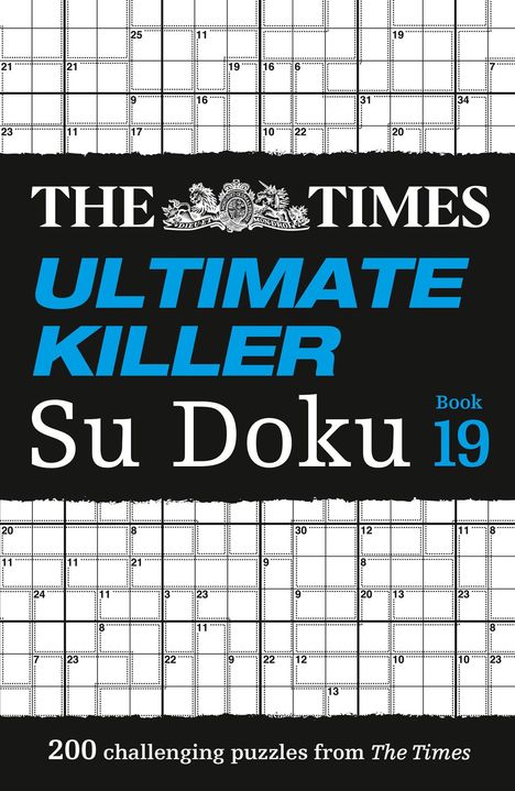 "THE TIMES ULTIMATE KILLER Su Doku Book 19" in weißen und blauen Buchstaben auf schwarzem Hintergrund. Darunter Sudoku-Raster.