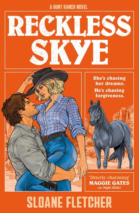 "Reckless Skye", "She’s chasing her dreams. He’s chasing forgiveness." Illustration: Paar und Pferd, Farbton orange.