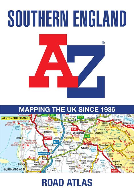 „Southern England“, „A-Z“, „Mapping the UK since 1936“, „Road Atlas“. Karte mit farbigen Straßen und Orten.