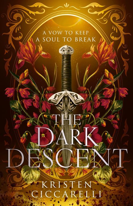 "The Dark Descent", Kristen Ciccarelli, "Final cover to be revealed". Goldene Verzierungen mit funkelndem Glanz.