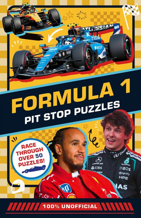 "FORMULA 1 PIT STOP PUZZLES", "RACE THROUGH OVER 50 PUZZLES!", "100% UNOFFICIAL". Zwei Rennwagen und zwei Personen.